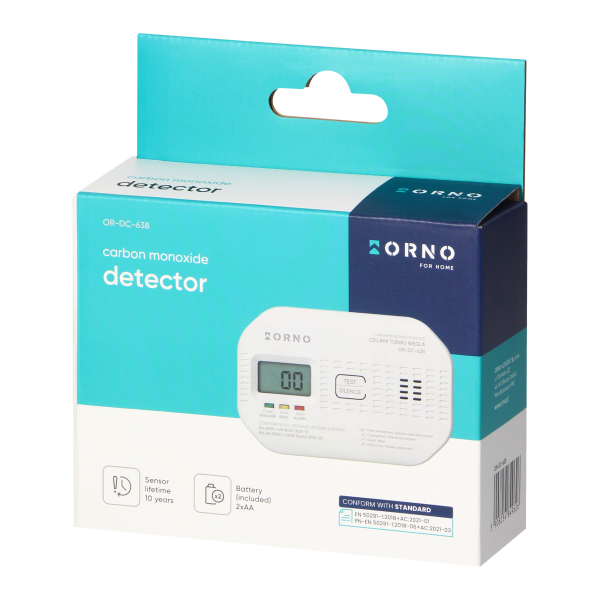 Battery-powered carbon monoxide detector, 2xAA, sensor lifetime 10 years