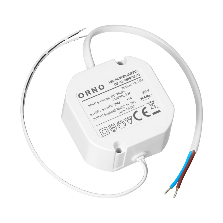 Zasilacz LED, dopuszkowy, 12V, 12W, IP67, plastikowa obudowa