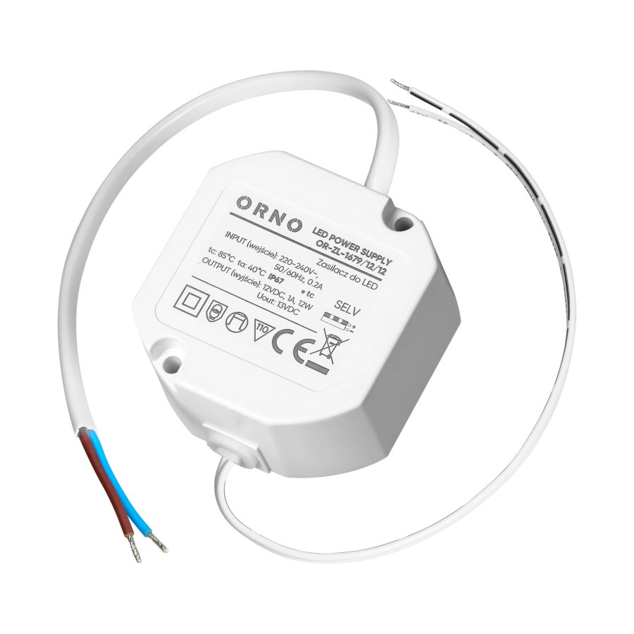 Flush-mounted LED driver, 12V, 12W, IP67, plastic housing