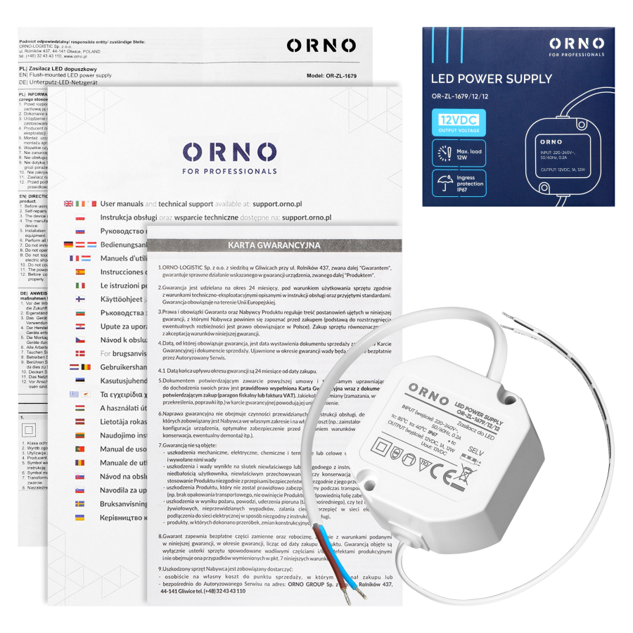 Zasilacz LED, dopuszkowy, 12V, 12W, IP67, plastikowa obudowa