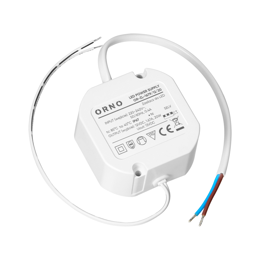 Flush-mounted LED driver, 12V, 20W, IP67, plastic housing