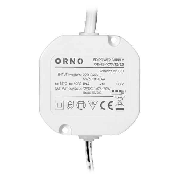 Flush-mounted LED driver, 12V, 20W, IP67, plastic housing