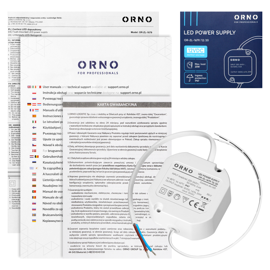 Zasilacz LED, dopuszkowy, 12V, 20W, IP67, plastikowa obudowa