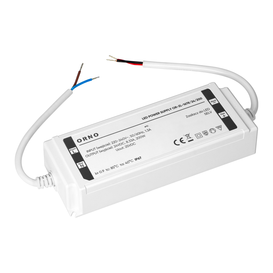 LED driver, hermetic, 24V, 200W, IP67, plastic housing