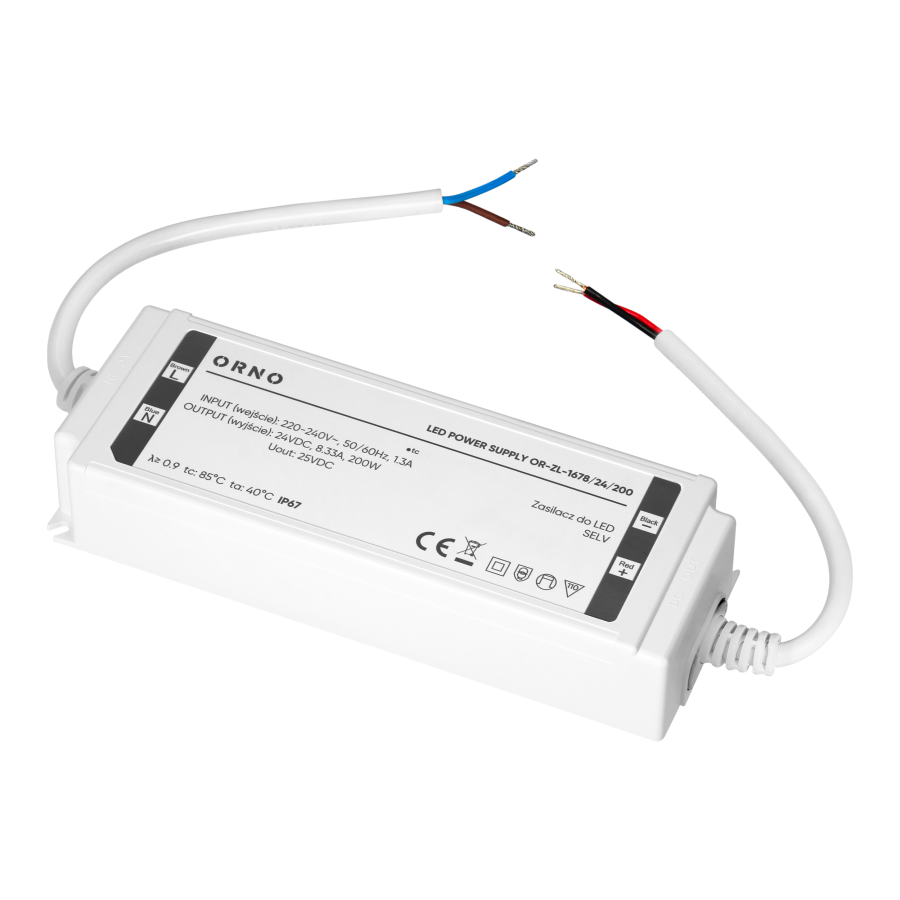 LED driver, hermetic, 24V, 200W, IP67, plastic housing