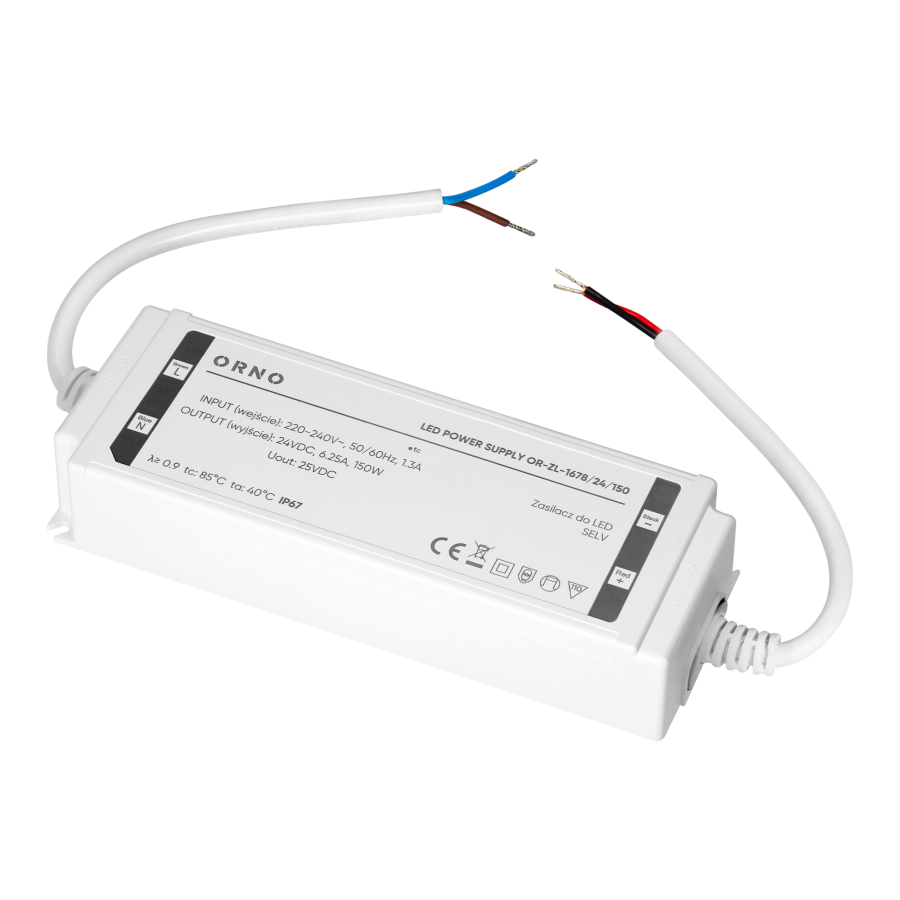 LED driver, hermetic, 24V, 150W, IP67, plastic housing