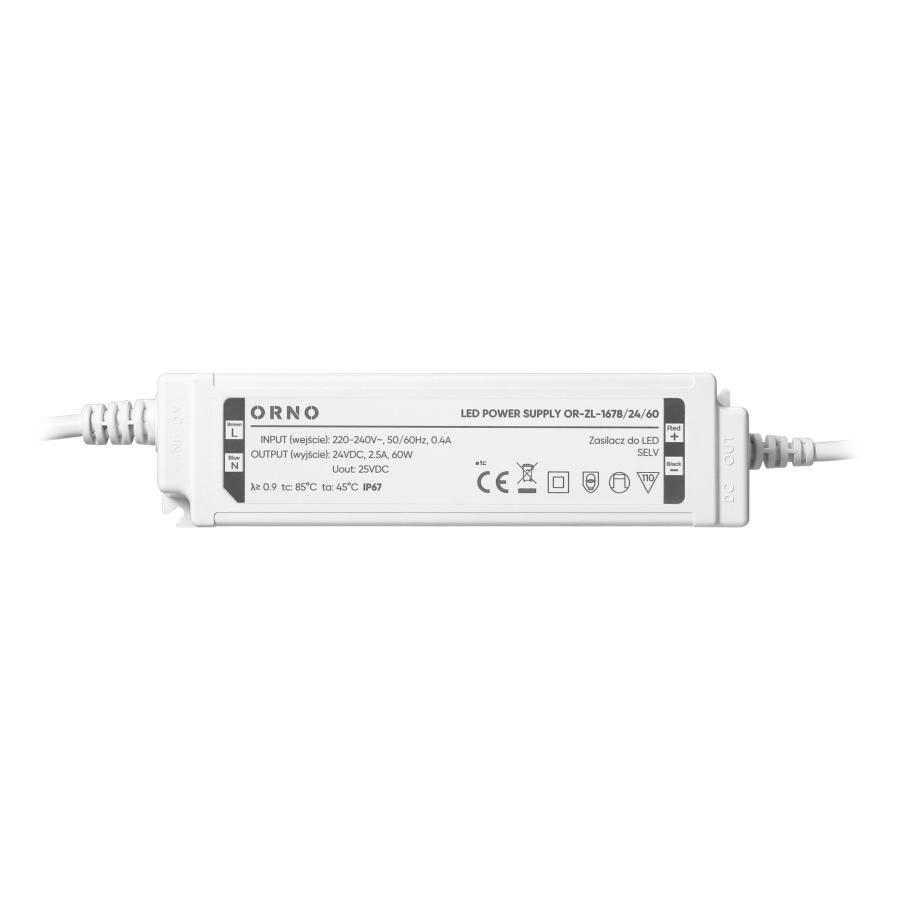 LED driver, hermetic, 24V, 60W, IP67, plastic housing