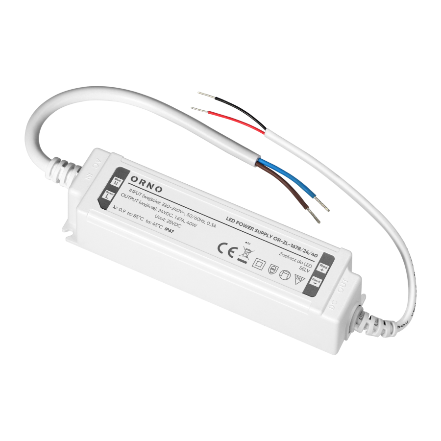 LED driver, hermetic, 24V, 40W, IP67, plastic housing