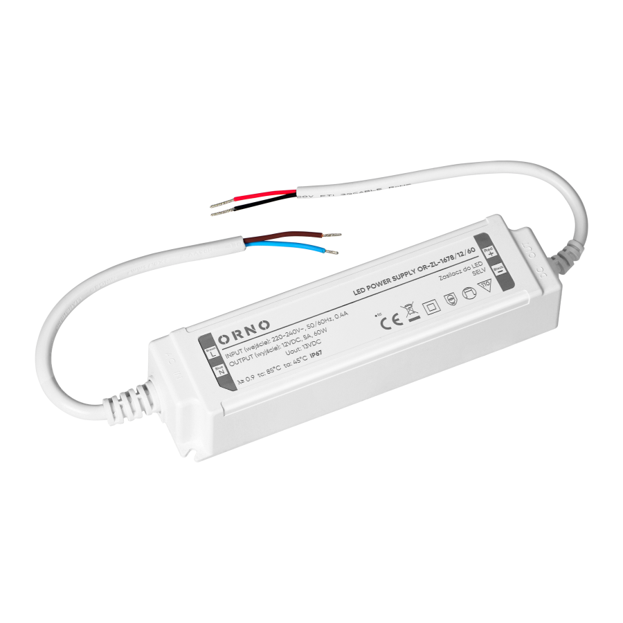 LED driver, hermetic, 12V, 60W, IP67, plastic housing
