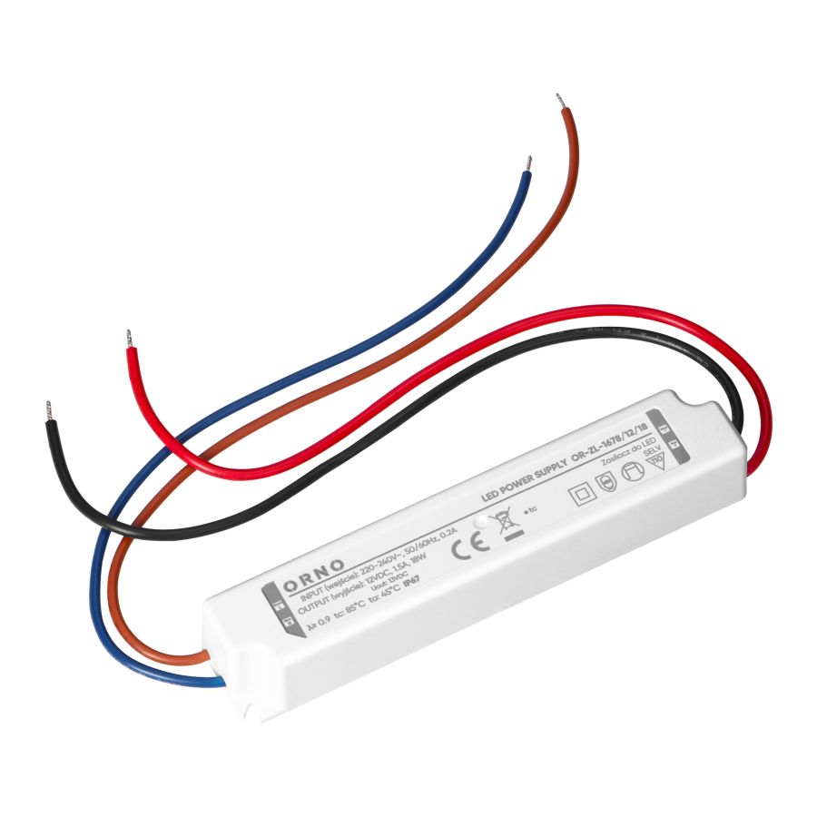 LED driver, hermetic, 12V, 18W, IP67, plastic housing