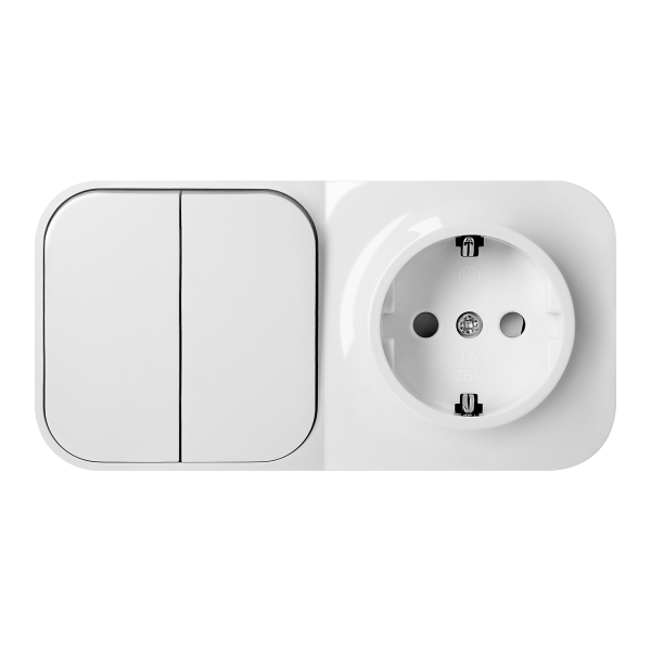 Surface-mounted two-button switch + Single socket ToDo, IP20, 2P+E, Schuko, white