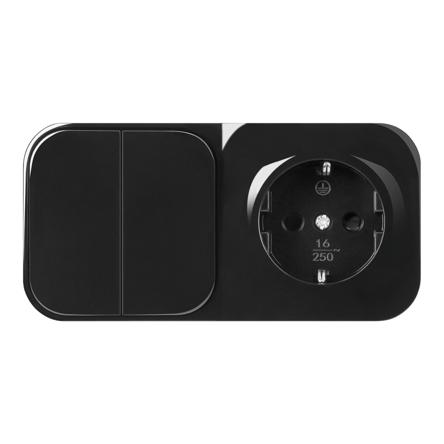 Surface-mounted two-button switch + Single socket ToDo, IP20, 2P+E, Schuko, black