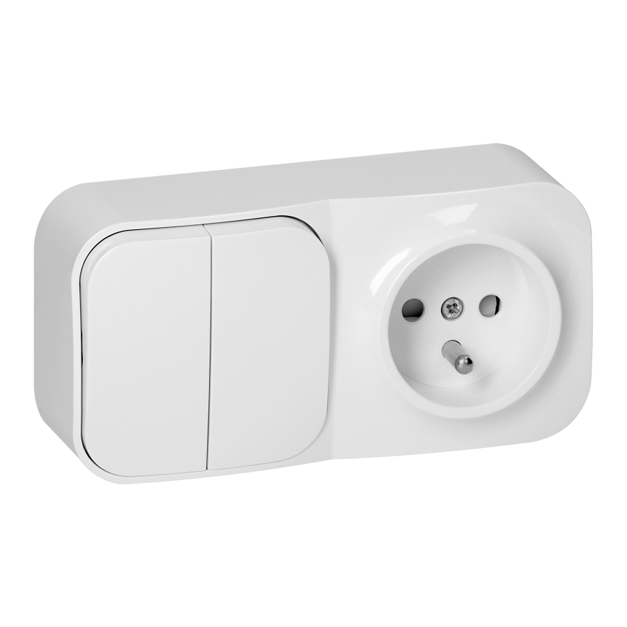 Surface-mounted two-button switch + Single socket ToDo, IP20, 2P+E, white