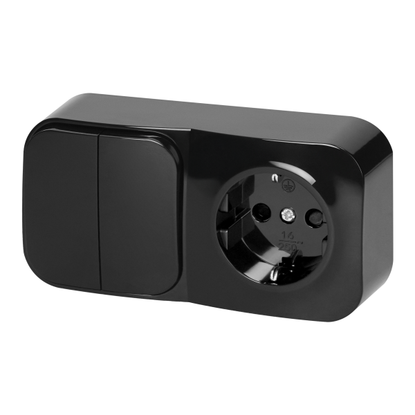 Surface-mounted two-button switch + Single socket ToDo, IP20, 2P+E, Schuko, black, 10 pcs.