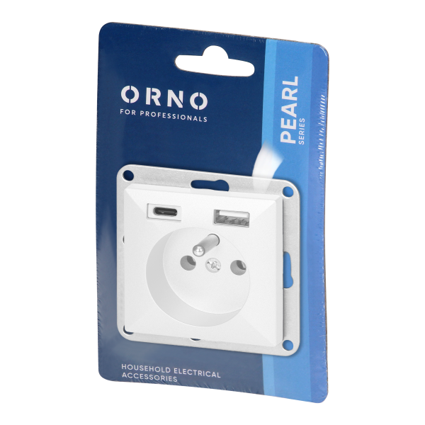 Gniazdo pojedyncze p/t 2P+Z z ładowarką USB A+C Pearl, 16A, 250V, PT-16P/USB, biały