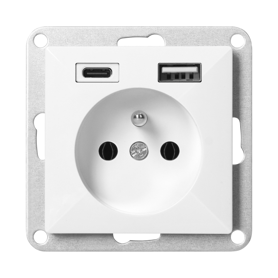 Gniazdo pojedyncze p/t 2P+Z z ładowarką USB A+C Pearl, 16A, 250V, PT-16P/USB, biały