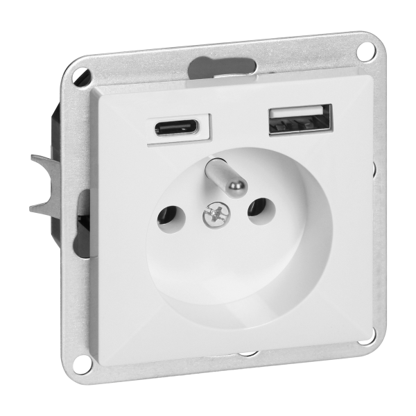 Flush-mounted single socket 2P+E with charger USB A+C Pearl, 16A, 250V, PT-16P/USB, white