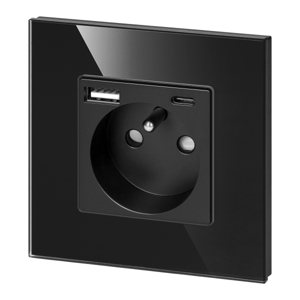 Gniazdo pojedyncze 2P+Z, USB-A + USB-C, PD, max. 20W, czarny