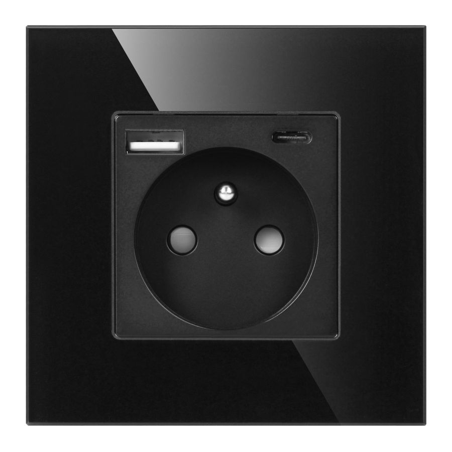 Gniazdo pojedyncze 2P+Z, USB-A + USB-C, PD, max. 20W, czarny