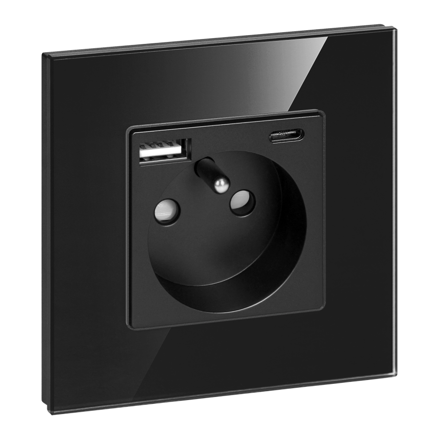 Gniazdo pojedyncze 2P+Z, USB-A + USB-C, PD, max. 20W, czarny