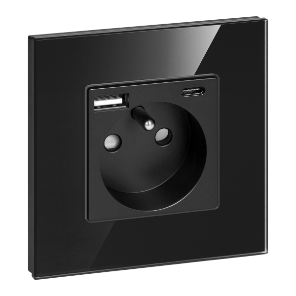 Wall socket 2P+E with USB-A + USB-C, PD charger, max. 20W, black