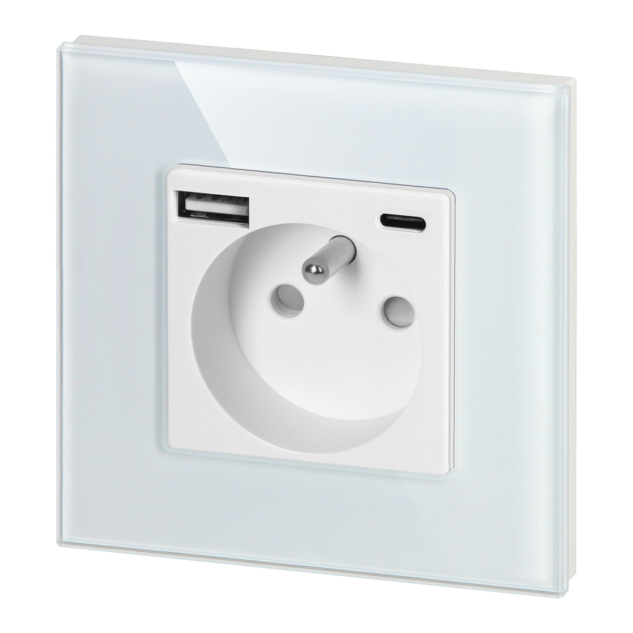 Wall socket 2P+E with USB-A + USB-C, PD charger, max. 20W, white