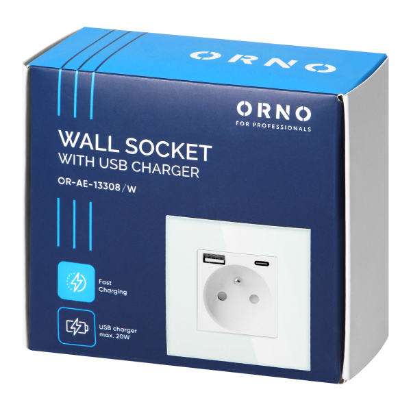 Wall socket 2P+E with USB-A + USB-C, PD charger, max. 20W, white