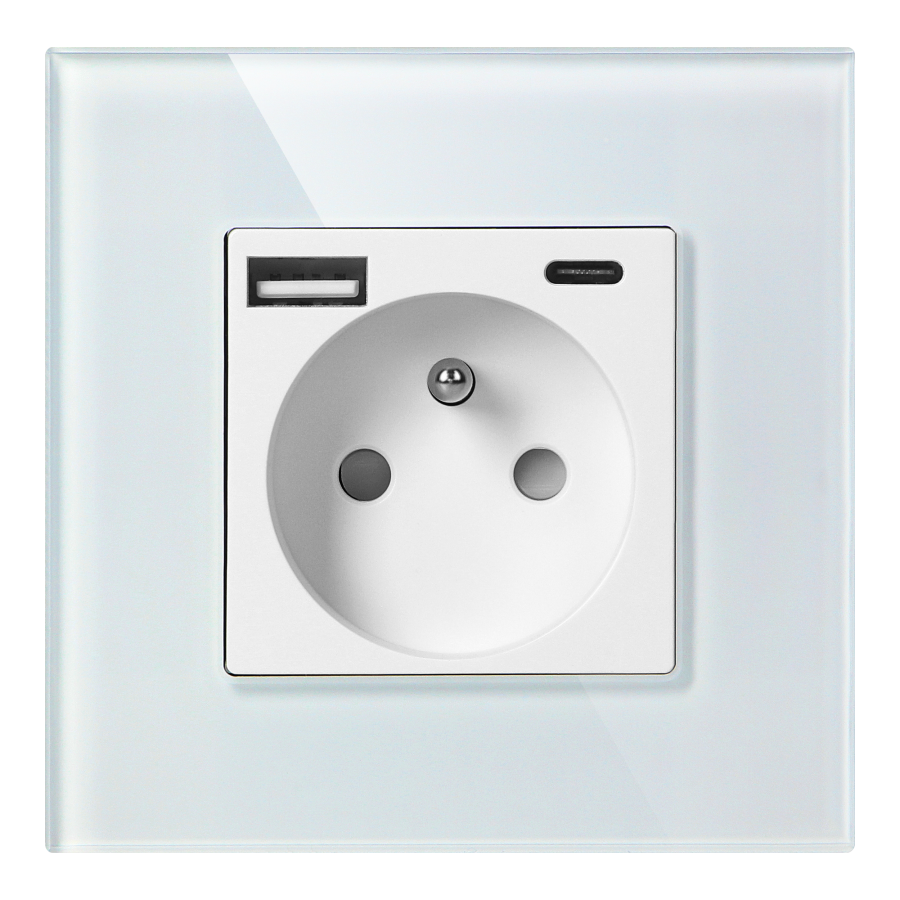 Wall socket 2P+E with USB-A + USB-C, PD charger, max. 20W, white