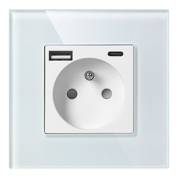 Wall socket 2P+E with USB-A + USB-C, PD charger, max. 20W, white