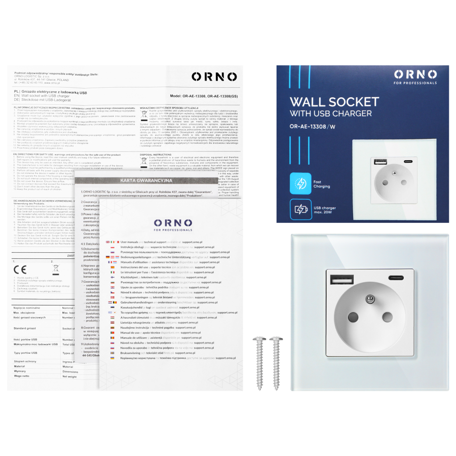 Wall socket 2P+E with USB-A + USB-C, PD charger, max. 20W, white