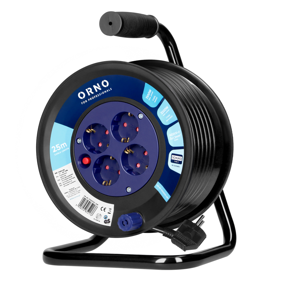 Cable reel, 4x 2P+E Schuko sockets, PVC, H05VV-F 3x1.5mm², 25m, thermic, safety shutters