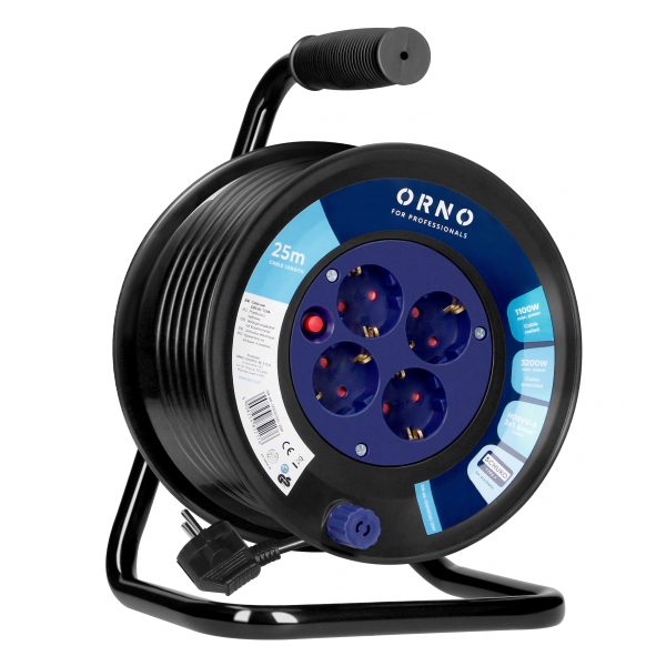 Cable reel, 4x 2P+E Schuko sockets, PVC, H05VV-F 3x1.5mm², 25m, thermic, safety shutters