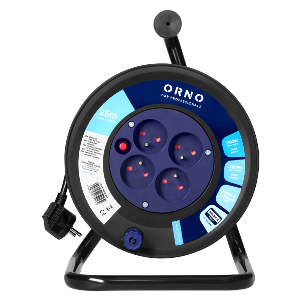 Cable reel, 4x 2P+E sockets, PVC, H05VV-F 3x1.5mm², 25m, thermic, safety shutters