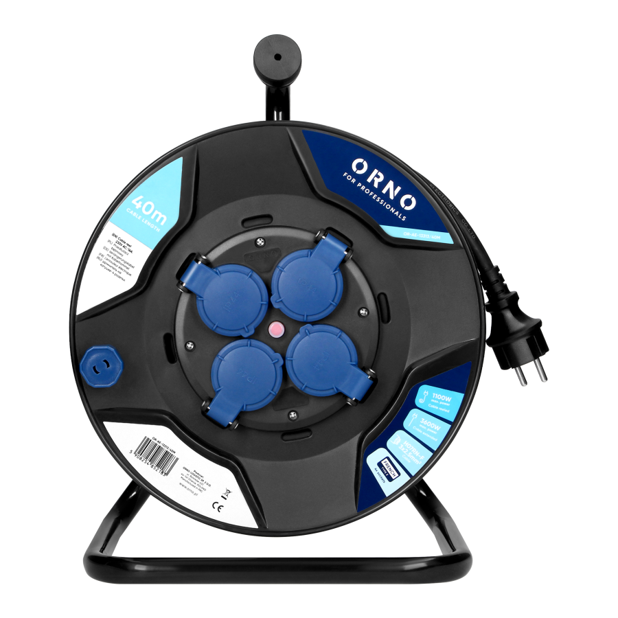 Cable reel, 4x 2P+E sockets, PVC, H07RN-F 3x2.5mm², 40m, thermic, safety shutters