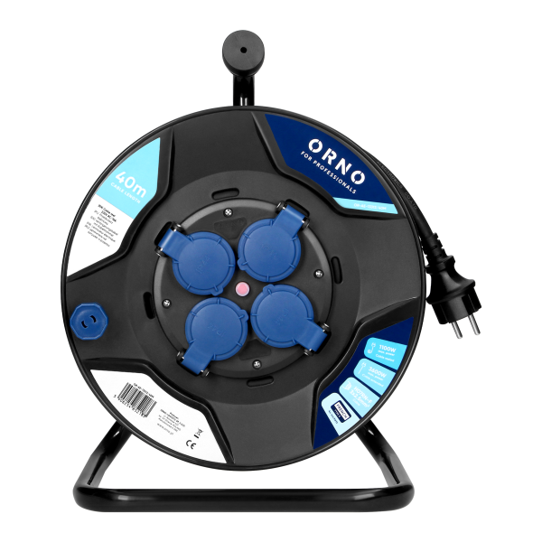 Cable reel, 4x 2P+E sockets, PVC, H07RN-F 3x2.5mm², 40m, thermic, safety shutters