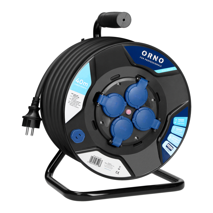 Przedłużacz bębnowy, 4 gniazda 2P+Z, kabel PVC H07RN-F 3x2,5mm², długość 40m, termik, przesłony torów prądowych