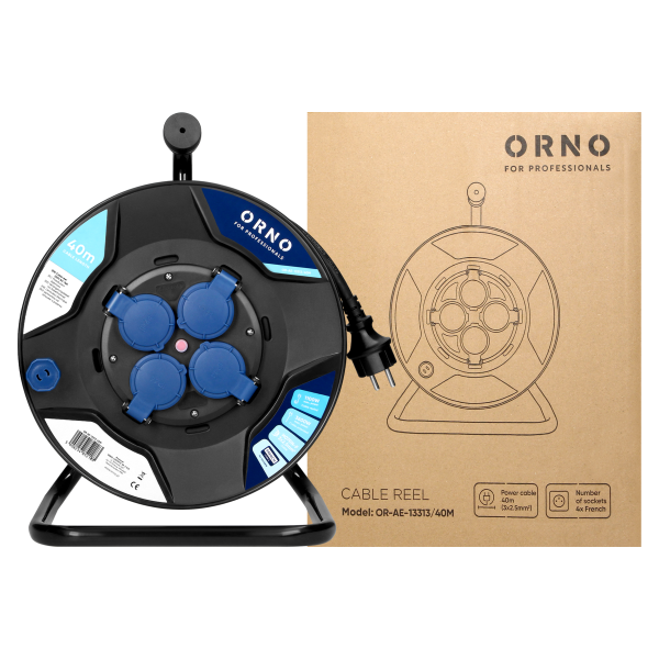 Przedłużacz bębnowy, 4 gniazda 2P+Z, kabel PVC H07RN-F 3x2,5mm², długość 40m, termik, przesłony torów prądowych