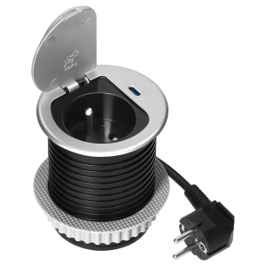 Furniture socket with USB charger, 1.9m cable, 1x2P+E (French), 1xUSB (type C; PD20W), silver