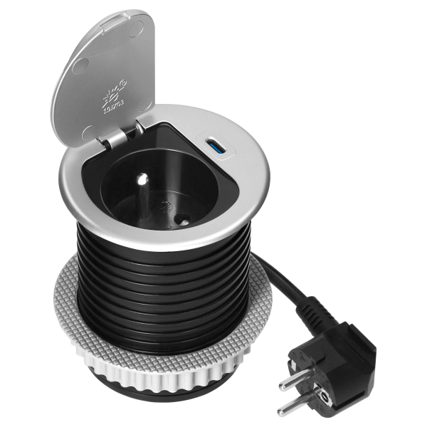 Gniazdo meblowe Ø6cm wpuszczane w blat z pokrywką, ładowarką USB i przewodem 1,9m, 1x2P+Z (French), 1xUSB (typ C; PD20W), srebrne