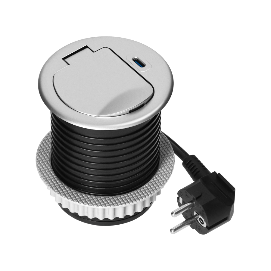Gniazdo meblowe Ø6cm wpuszczane w blat z pokrywką, ładowarką USB i przewodem 1,9m, 1x2P+Z (French), 1xUSB (typ C; PD20W), srebrne