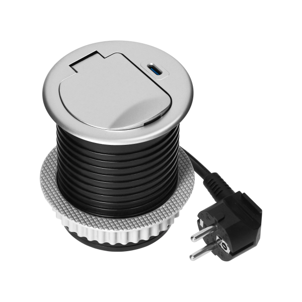 Furniture socket with USB charger, 1.9m cable, 1x2P+E (French), 1xUSB (type C; PD20W), silver