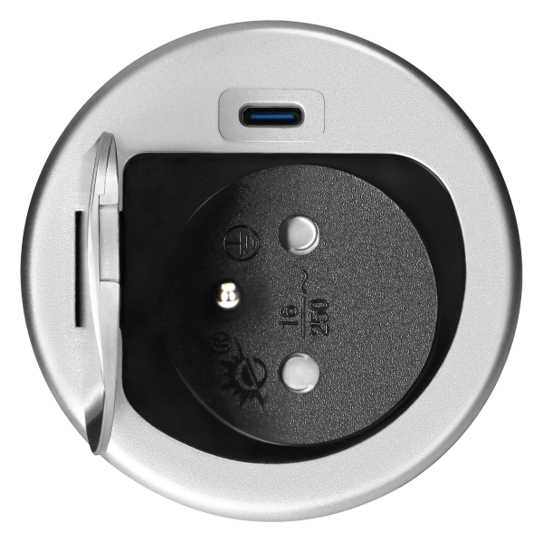 Furniture socket with USB charger, 1.9m cable, 1x2P+E (French), 1xUSB (type C; PD20W), silver