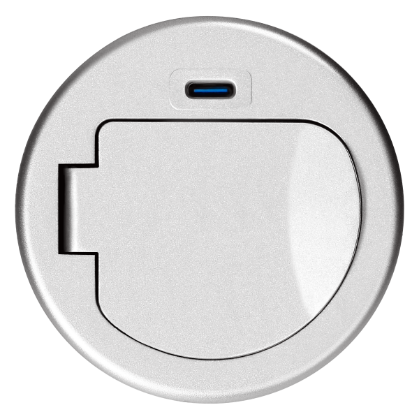 Gniazdo meblowe Ø6cm wpuszczane w blat z pokrywką, ładowarką USB i przewodem 1,9m, 1x2P+Z (French), 1xUSB (typ C; PD20W), srebrne