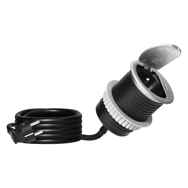 Gniazdo meblowe Ø6cm wpuszczane w blat z pokrywką, ładowarką USB i przewodem 1,9m, 1x2P+Z (French), 1xUSB (typ C; PD20W), srebrne