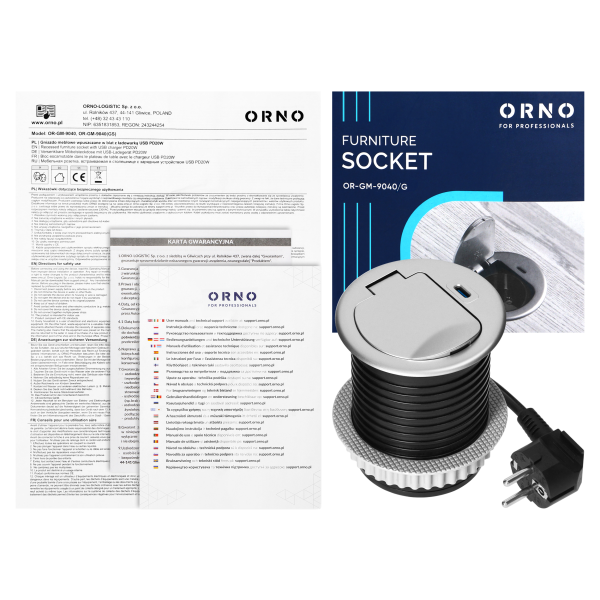 Furniture socket with USB charger, 1.9m cable, 1x2P+E (French), 1xUSB (type C; PD20W), silver