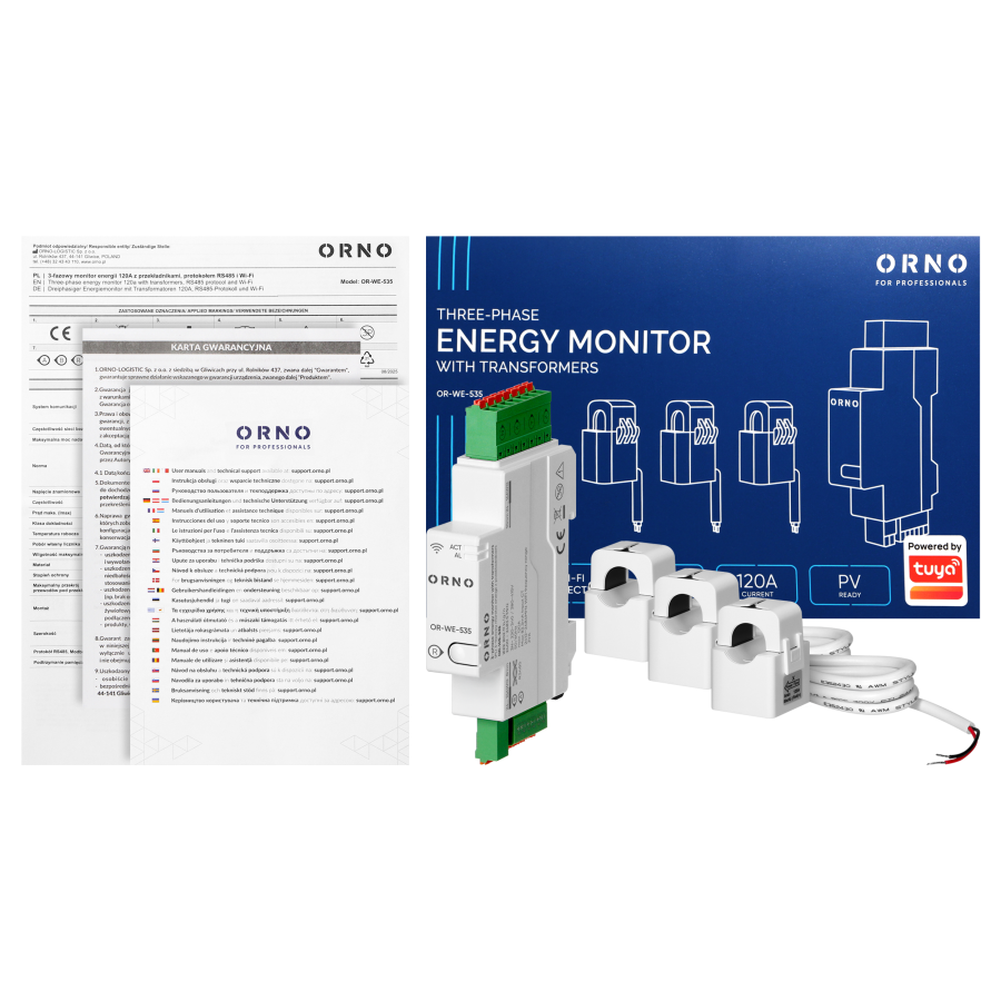 3-fazowy monitor energii z przekładnikami 120A, 230/400V, TUYA SMART Wi-Fi