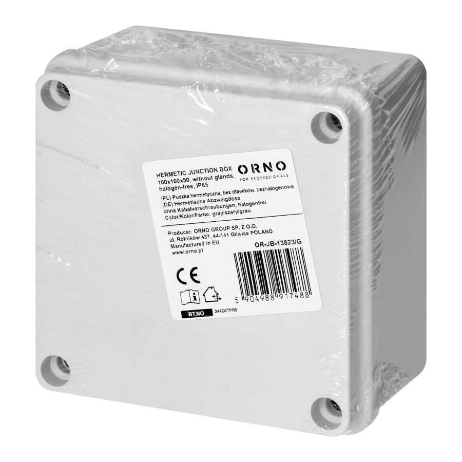 Hermetic junction box 100x100x50, without glands, grey, halogen-free, IP65