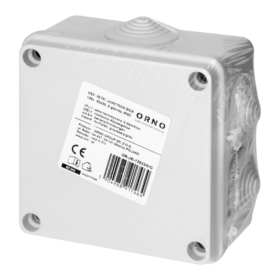 Hermetic junction box 100x100x50, 6 glands, grey, IP65