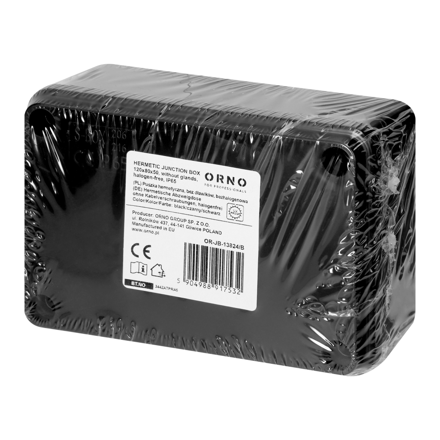 Hermetic junction box 120x80x50, without glands, black, halogen-free, UV resistant, IP65
