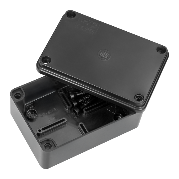 Hermetic junction box 120x80x50, without glands, black, halogen-free, UV resistant, IP65